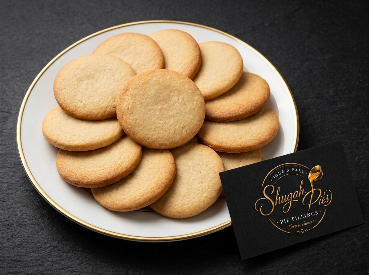 Lightly golden Shugah's Tea Cakes on a gold-rimmed plate beside the Shugah Pies logo