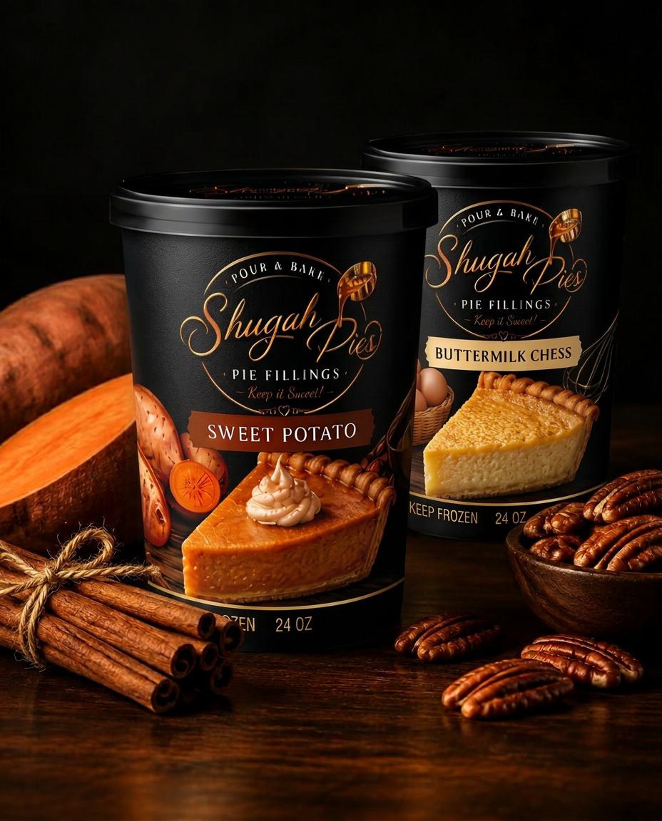 Labeled black Shugah Pies Sweet Potato and Buttermilk Chess filling containers